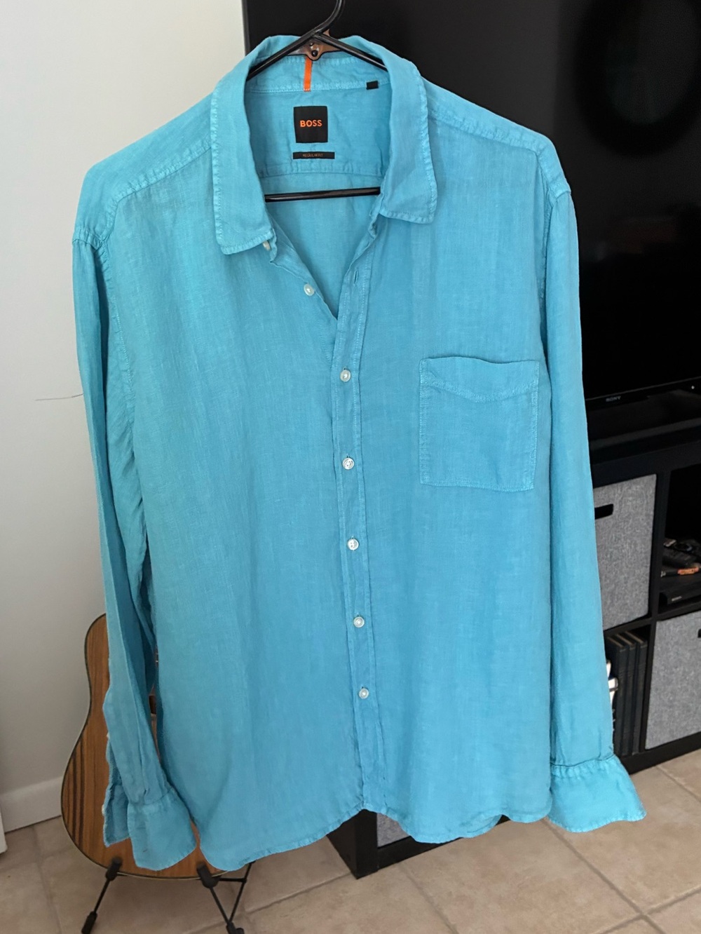 BOSS Hugo Boss Men XXL Regular Fit Washed Linen Long Sleeve Button Up Shirt Blue